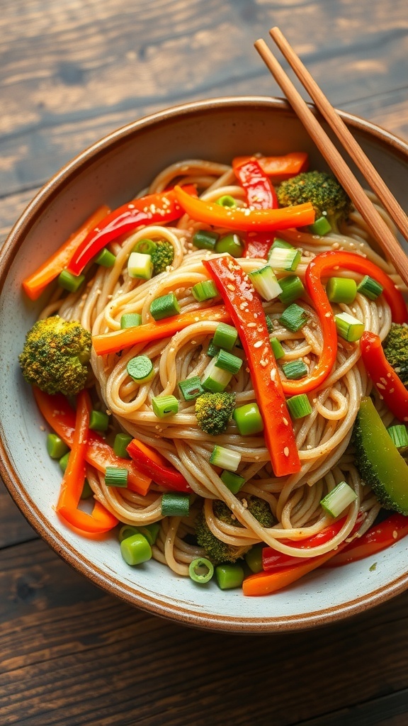A colorful plate of vegan stir-fried noodles with vegetables, garnished with sesame seeds and green onions.